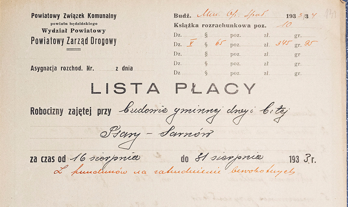 Lista płacy robocizny zajętej przy budowie gminnej drogi bitej Psary-Sarnów za czas od 16 do 31 sierpnia 1933 roku